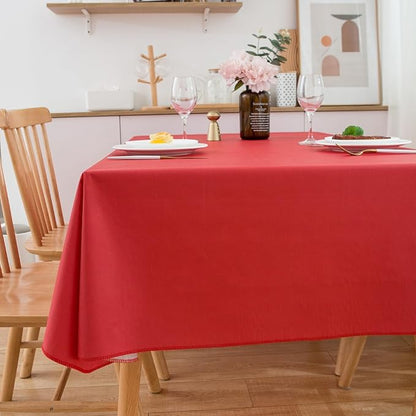 LIBERECOO Vinyl Tablecloth with Flannel Backing, Red, Waterproof, Stain-Resistant, Easy-Clean Table Cover for Holiday, Dining, Kitchen, and Outdoor Use, 60" x 84" Rectangle