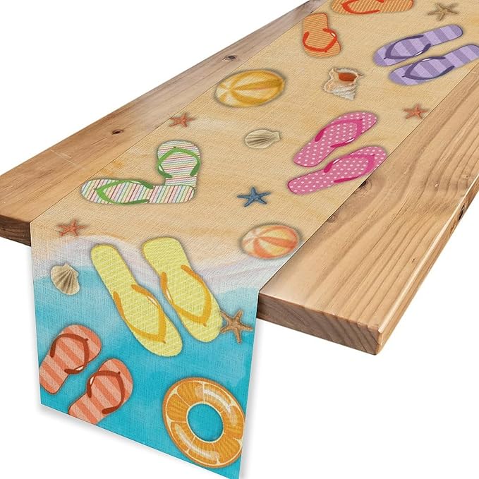 Blue Sea Waves Starfish Table Runner, Tropical Summer Flower Clear Sea Water Coffee Table Center Decor for Family Kitchen Wedding Party and Living Room Farmhouse Table Decorations, 13" X 108"
