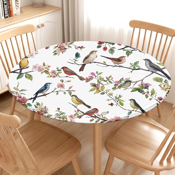 Spring Summer Round Fitted Tablecloth with Elastic Edge Bird Floral Easter Circle Table Cloth for 36-40" Round Tables Wipeable Waterproof Hummingbird Flower Table Cover for Outdoor Picnic Dining Decor
