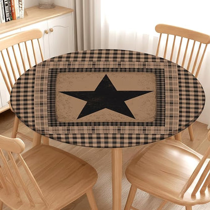 Western Texas Star Round Fitted Tablecloth with Elastic Vintage Black Brown Plaid Circle Table Cover for 44-48" Round Tables Stretch Waterproof Rustic Country Table Cloth for Kitchen Dining Patio