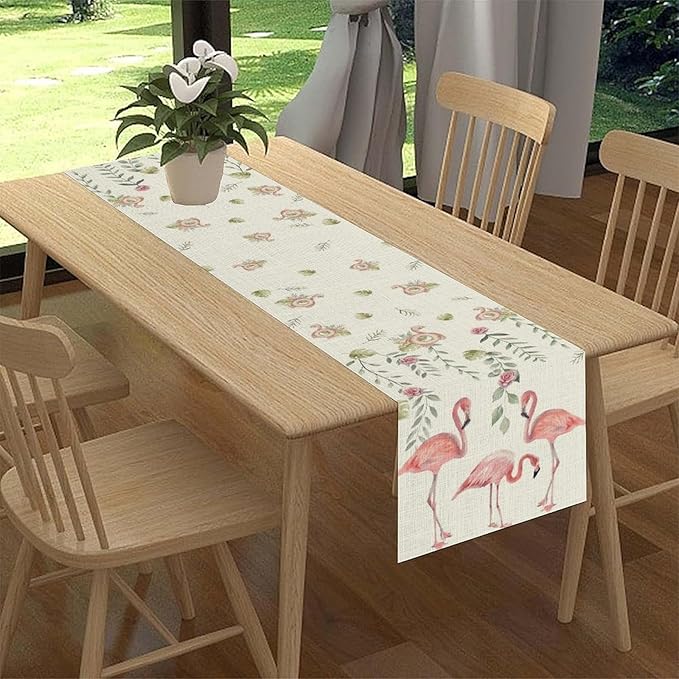 Flamingo Table Runner,Rustic Boho Grey Leaf Pink Rose Floral Tropical Bird Pattern Table Center Decor for Family Kitchen and Living Room Outdoor Farmhouse Party Table Decorations, 13"x108"