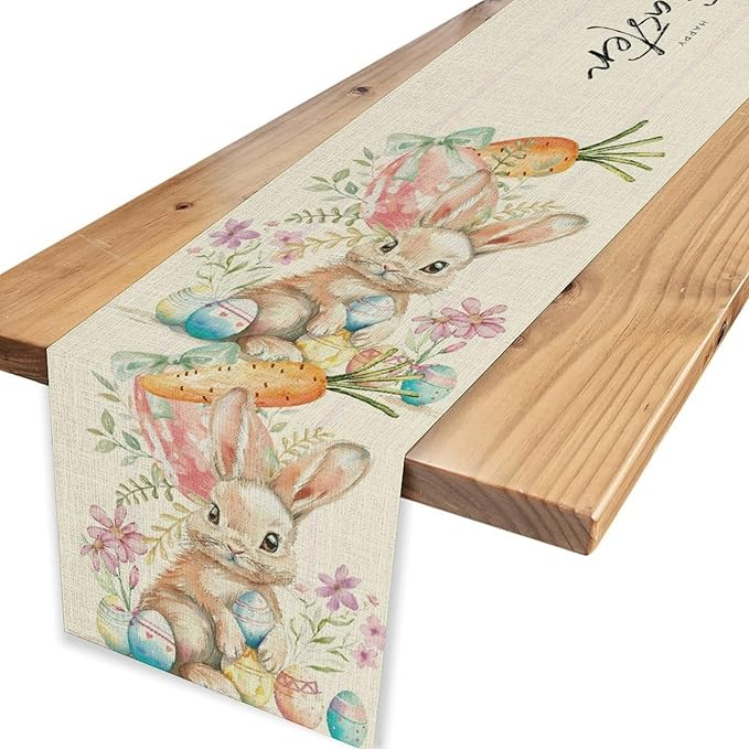 Easter Bunny Table Runner,Rustic Watercolor Bunnies Easter Eggs Carrots Floral Seasonal Table Center Decor for Family Kitchen Living Room Outdoor Farmhouse Party Table Decorations, 13"x36"