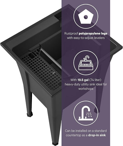 Freestanding Utility Sink with One Handle Black Faucet - 24" Plastic Utility Sink for Garage, Laundry, Indoor and Oudoor Use - Laundry Tub Kit by Noah William Home - Black (19.5 gal)
