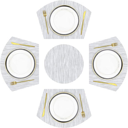 SHACOS Large Size Wedge Placemats with Centerpiece Round Mat Set of 5 Round Table Place Mats Washable Dining Table Placemats Reversible, Gray White