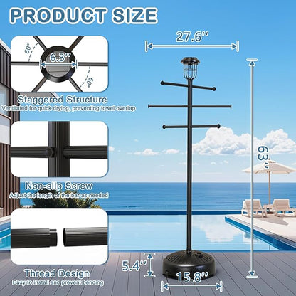 Solar Light Pool Towel Rack with Wheels – 63" Tall Adjustable Outdoor Towel Rack for Patio, Bathroom, Hot Tub