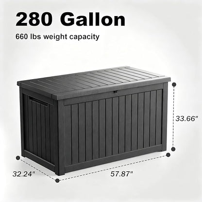 280 Gallon Waterproof Outdoor Storage Box, UV Resistant Resin Deck Box with Hydraulic Rod for Reinforced Stability, Perfect for Patio, Garden, and Pool, Striped Black