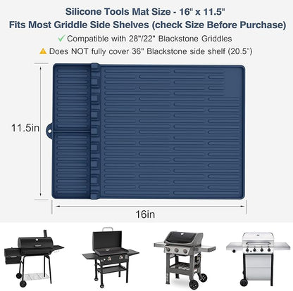 Silicone Griddle Tools Mat for Blackstone - Large Silicone Spatula Mat with Drip Pad - Griddle Mats BBQ Grill Accessories - Side Shelf Mats Grill Pad for Blackstone Griddles Accessories (Blue)