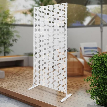 75" H×35" W Decorative Outdoor Privacy Screen with Stand, Outdoor Decor Privacy Fence Screen Metal Fence Panels, Free Standing Metal Divider for Patio Lawn Deck (White-Rectangular)