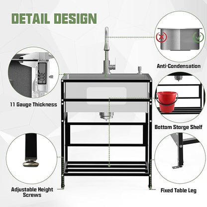 25x22 Inch Stainless Steel Utility Sink-Freestanding Laundry Sink Practicality With Accessories Stainless Functional Faucet,Soap Dispenser, SS Sink Grid For Laundry,Garage,Outdoor Kitchen,Garden...