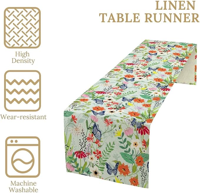 Butterfly Table Runner, Colorful Wildflower Butterfly Spring Table Runner for Holiday Kitchen Dining Home Party Outdoor 13x60in