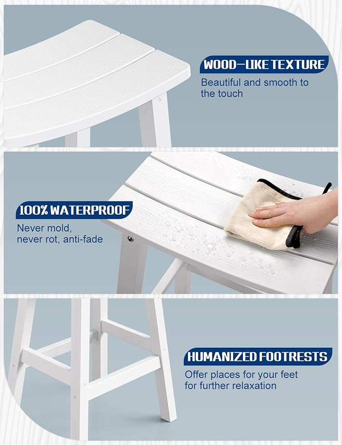 Weatherproof Bar Stools Set of 4, 28" Height Outdoor Bar Stools Holds up to 400 lbs, Saddle Seat, Bar Height Stools for Patio, Garden, and Kitchen Island, White