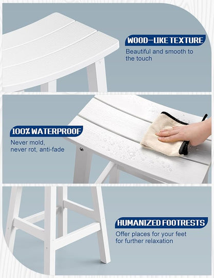 Weatherproof Bar Stools Set of 4, 28" Height Outdoor Bar Stools Holds up to 400 lbs, Saddle Seat, Bar Height Stools for Patio, Garden, and Kitchen Island, White