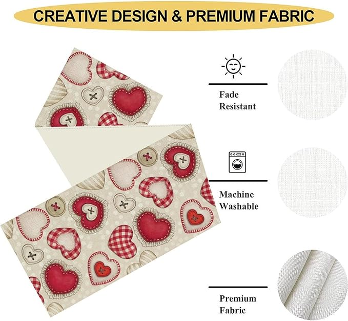 Red Heart Table Runner,Retro Rustic Beige Heart Buttons Polka Dot Valentines Decorations Decor for Family Kitchen and Living Room Outdoor Farmhouse Party Table Decorations, 13"x90"