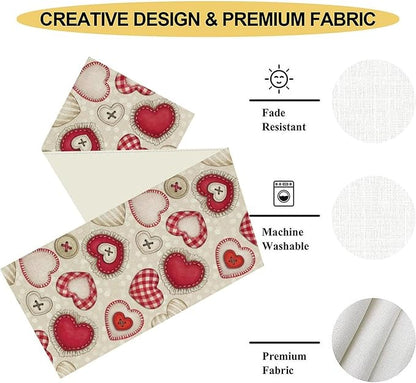 Red Heart Table Runner,Retro Rustic Beige Heart Buttons Polka Dot Valentines Decorations Decor for Family Kitchen and Living Room Outdoor Farmhouse Party Table Decorations, 13"x90"