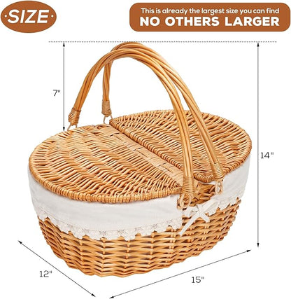Wicker Picnic Basket with Removable Liner, Empty Picnic Baskets with Lid, Vintage-Style Picnic Hamper with Folding Woven Handle for Picnic, Camping, Outdoor, Halloween, Thanks Giving, Birthday (Cream)
