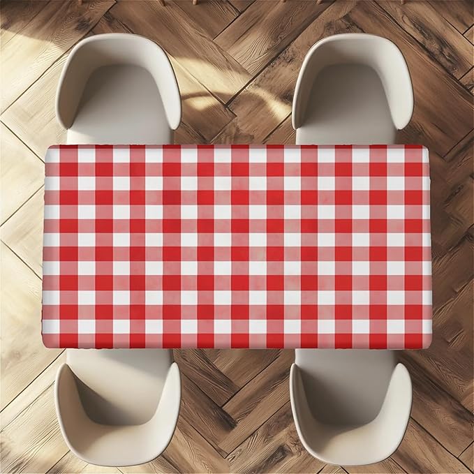 Rectangle Table Cloth Cover Waterproof Elastic Fitted Polyester Fitted Tablecloths for 4 Foot Tables for Indoor,Picnic, Camping, Outdoor （48" x 30"，Red Grid）