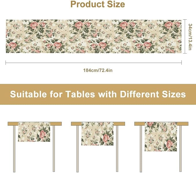 Rose Floral Table Runner,Vintage Watercolor Spring Summer Seasons Flowers Table Decoration for Wedding Holiday Indoor Outdoor Home Party 13x60in