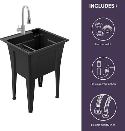 Freestanding Utility Sink with Stainless Steel Gooseneck Faucet - 24" Plastic Utility Sink for Garage, Laundry, Indoor and Oudoor Use - Laundry Tub Kit by Noah William Home - Black (19.5 gal)