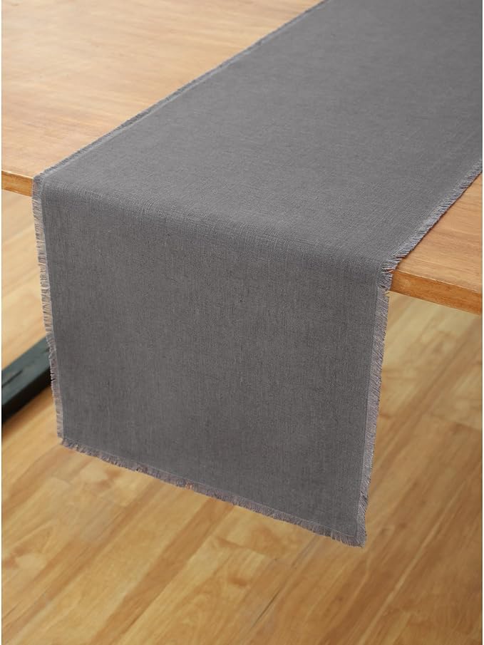 Solino Home Linen Fringe Table Runner 90 Inches Long - 100% Pure Linen Charcoal Table Runner 14 x 90 Inch for Winter - Handcrafted and Machine Washable