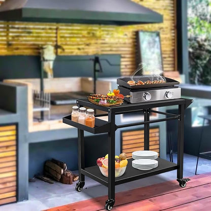 Outdoor Grill Cart Stand Table Pizza Oven with Lockable Wheels, Heavy Duty Movable Kitchen Cooking Prep Station BBQ Cart for Outside Patio, Backyard, Camping and Parties