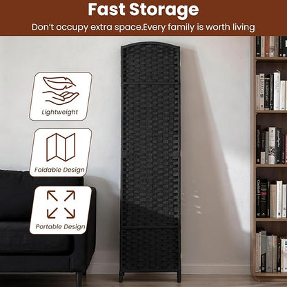 FDW Room Divider 4 Panel Screen 5.6 Ft Tall Partition Privacy Screens Folding Room Separation Free Standing Waterproof Wood Frame Wall Divider, Dark Black