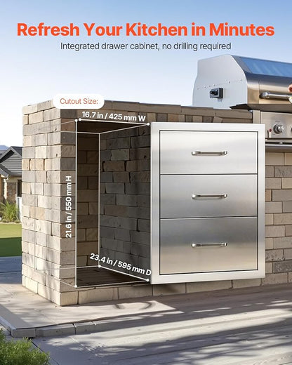 VEVOR Outdoor Kitchen Drawers 18.11" W x 23.23" D x 23.23" H, Triple-Access Stainless Steel BBQ Drawers with Handles, BBQ Island Drawer for Outdoor Kitchens or Barbeque Island Patio Grill Station