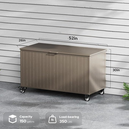 Outdoor Storage Box with Wheels 150 Gallon, Metal Deck Boxes Waterproof, UV Resistant Patio Storage Box with Lid for Patio Furniture, Garden Tools (Brown)