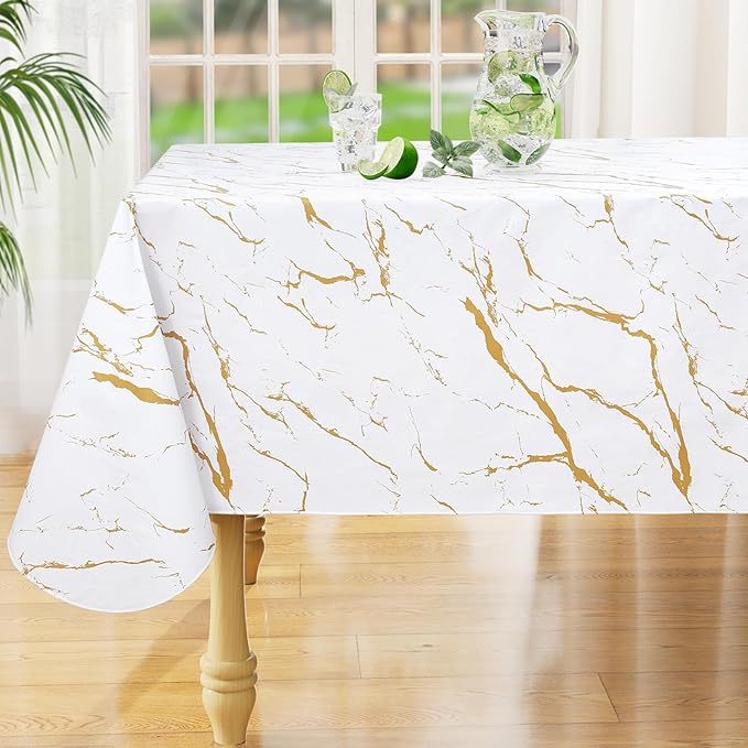 misaya Rectangle Waterproof Vinyl Table Cloth, Wipeable Tablecloth with Flannel Backing, Plastic Table Cover for Dinner, Picnic, Indoor and Outdoor (White Gold Marble, 60" x 120")