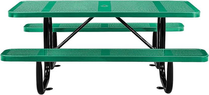 Global Industrial 72" Rectangular Picnic Table, Perforated Metal, Thermoplastic Coating, Attached Benches, 1-1/2” Umbrella Pole Hole, Outdoor-Rated, 1000 lbs Capacity, Green