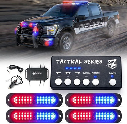 Xprite Red Blue LED Surface Mount Strobe Police Lights Kit, w/Control Panel Emergency Safety Warning Flashing Grille Cop Marker Light Assembly for Vehicles Trucks ATV UTV Motorcycle 4PCS