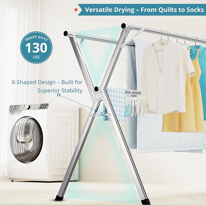 JAUREE 63 Inches Clothes Drying Rack, Drying Rack Clothing Folding Indoor Outdoor, Heavy Duty Stainless Steel Laundry Rack, Foldable Portable Large Clothes Rack Garment Rack with 20 Windproof Hooks