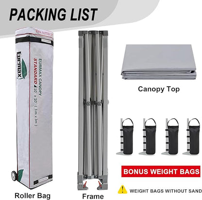 Eurmax USA Standard 10x10ft Patio Pop Up Canopy Tent for Outdoor Events Commercial Instant Canopies with Heavy Duty Roller Bag,Bonus 4 Canopy Sand Bags (Grey)