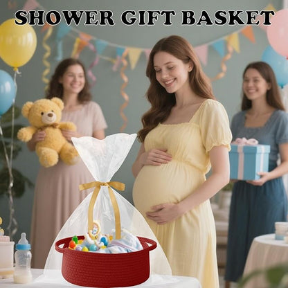 Gift Basket with Gift Bag and Ribbons,Small Rope Woven Shelf Storage,Baskets for Gifts Empty,Birthday,Baby Shower,Decorative Organizer Box with Handles(Red)