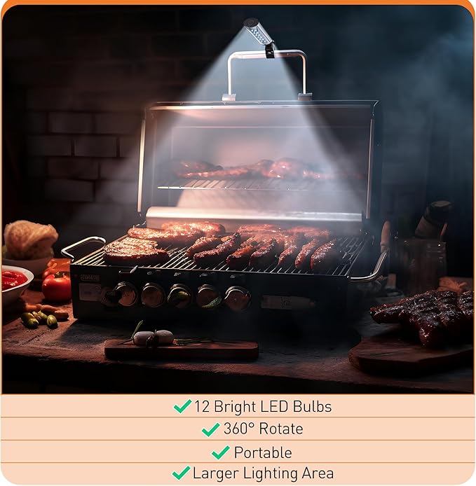 Meonum 2 Pack BBQ Grill Light Compatible with Blackstone Griddle for Outdoor Grill, Gifts for Men Dad Husband, Battery Operated Barbecue Lights with 360 Degrees Adjustable C Shape Clamp