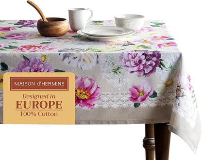 Maison d' Hermine Table Cloth Rectangle Table 100% Cotton 60 x 90 Inches Tablecloth Reusable Decorative Everyday Use for Dining Room, Farmhouse, Home, Party, Festive & Wedding Spring Summer - Pivoine