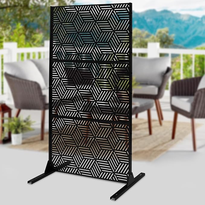 Outdoor Privacy Screens Freestanding, Rustproof Metal Decorative Fence Panels, Rhombic Pattern Tall Outdoor Divider Privacy Fence Screens for Outside Backyard Garden Patio,36.25x71.5inch (Black)