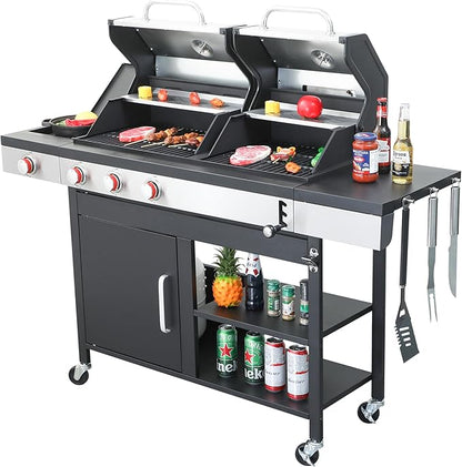 Gas and Charcoal Combo Grill, 37230 BTU 2-in-1 Outdoor BBQ, Dual Zone Cooking with Thermometer, Locking Wheels & Foldable Side Table for Patio and Garden Use(3+1 Burner + Charcoal grill)
