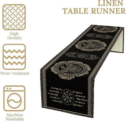 Nordic Vikings Table Runner, Viking Raven Rune Mythology Aesthetic Table Runner for Outdoor Kitchen Dining Home Party 13x90in