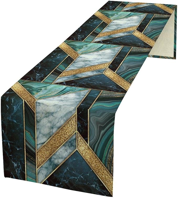 Marble Table Runner, Dark Green Gold Modern Mosaic Design Table Runner Decoration for Kitchen Family Dinner Table Holiday Party Farmhouse 13x36in
