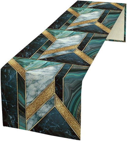 Marble Table Runner, Dark Green Gold Modern Mosaic Design Table Runner Decoration for Kitchen Family Dinner Table Holiday Party Farmhouse 13x90in
