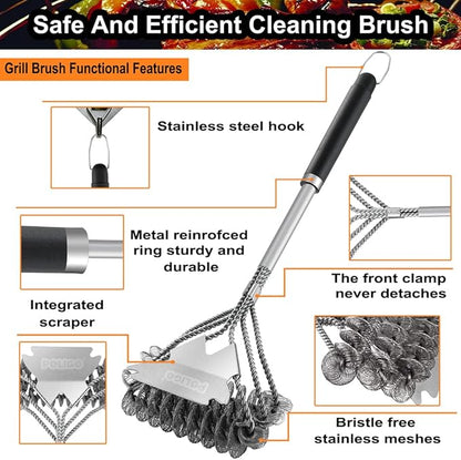 POLIGO Safe Grill Brush and Scraper Bristle Free 18" Grill Cleaner Brush - Stainless Steel BBQ Brush for Grill Cleaning - Wireless Grill Brush with BBQ Scraper for Grill - Gifts for Grill Wizard