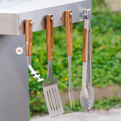 onlyfire 5PCS BBQ Tools, Heavy Duty Grill Kit with Wood Handles for Outdoor Camping, Multifunctional Griddle Utensil Set Including BBQ Spatula, Barbecue Tong, Meat Fork and Grate Liftes