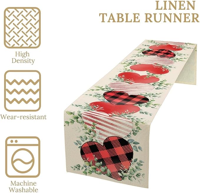 Valentines Day Table Runner,Vintage Rustic Sweet Heart Leaves Valentines Day Buffalo Plaid Runner for Table Seasonal Fresh Decor for Indoor Outdoor Dining Table Decorations, 13"x72"
