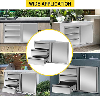 Outdoor Kitchen Drawer Combo, Stainless Steel Triple Drawers & 2 Trash Can Drawers,Enclosed Built-in Drawer Flush Mount For Outdoor Kitchens & BBQ Islands ﻿ ﻿,G4