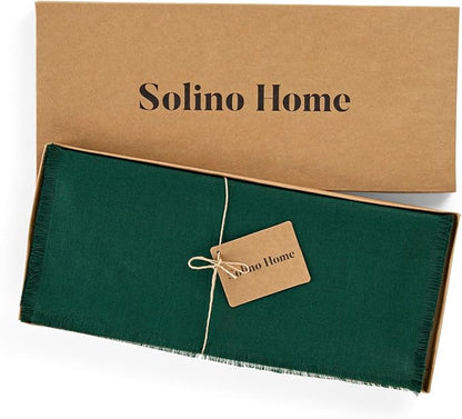 Solino Home Linen Evergreen Table Runner 36 Inches - Fringe, 100% Pure Linen Small Table Runner 14 x 36 Inch Ideal for Dresser and Coffee Tables - Winter, St Patricks Day