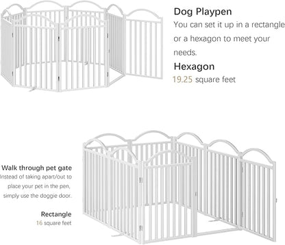 BHG Metal No-Assembly Freestanding Dog Gate with Door Walk Through, Extra Wide 96", Extra Tall 32" Pet Gate, Accordion Puppy Folding Playpen Dog Fence, with 2PCS Support (White, 8 Panels)