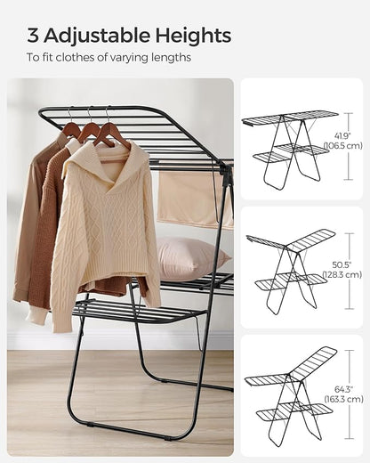 SONGMICS Clothes Drying Rack, Foldable 2-Level Laundry Drying Rack, Free-Standing Laundry Airer, with Height-Adjustable Wings, 33 Drying Rails, Sock Clips, Black ULLR053B01V1
