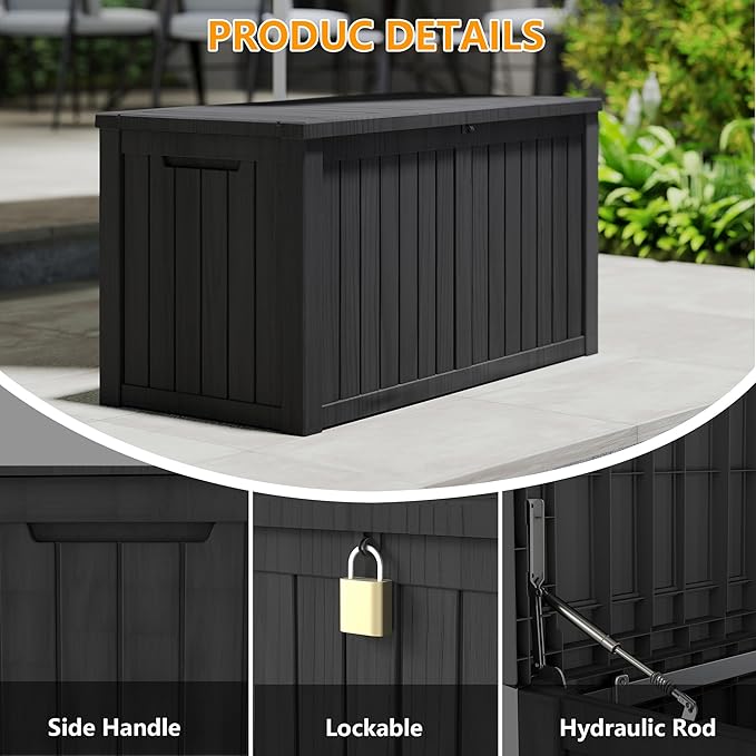 150 Gallon Resin Deck Box, Waterproof Outdoor Storage Box, Lockable for Patio Furniture, Garden Tools, Pool Accessories, UV-Resistant for All Weather Use, Black