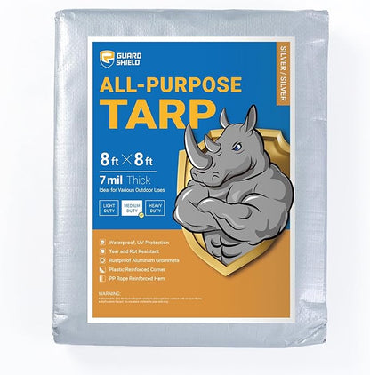 GUARD SHIELD Silver Tarp Waterproof 8x8 Feet Medium Duty All Purpose Poly Tarps Cover 7mil