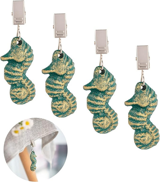 Sungmor Cast Iron Tablecloth Weights - 4 Pack Vintage Green Sea Horse Table Cloth Weights Clip On - Heavy Weights for Picnic Tablecloth, Outdoor Tables, Garden Flags, Curtains
